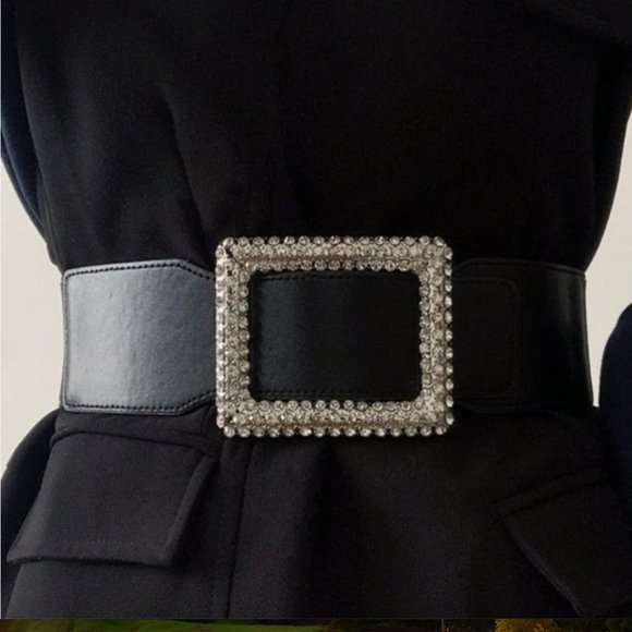 Vegan Rectangular Rhinstone Buckle Stretch Belt - Picture 2 of 2